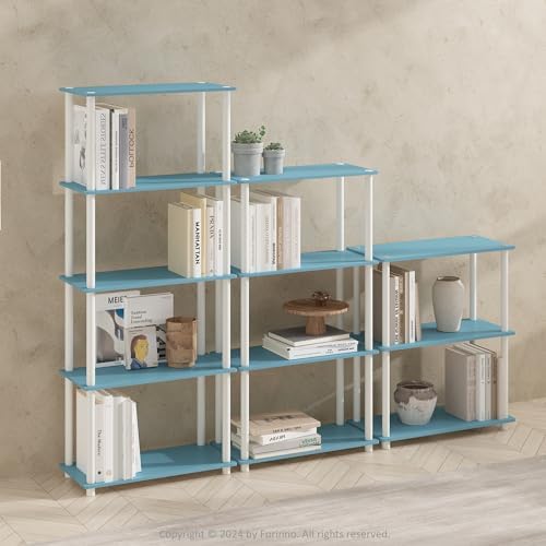 Furinno Turn-N-Tube Book Shelf, 5-Tier Bookshelf, Bookcase with Multipurpose Compact Display Rack, 11.6 x 23.6 x 57.4, for Living Room, Bedroom, Home Office, Light Blue/White - Image 2