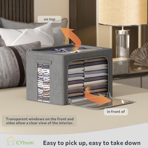 CYhom 3Pack Foldable Storage Bins - Frame Storage Box Linen Fabric Stackable Clothes Container Organizer with Clear Window & Carry Handles Large Capacity (Large-66L, Dark Gray) - Image 2