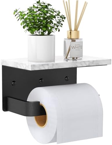 Gypie Toilet Paper Holder with Marble Shelf, Wall Mounted Matte Black by GypieHouseware