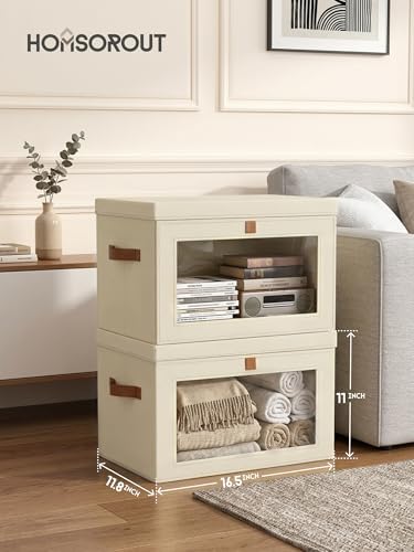 Homsorout Large Closet Storage Organizer - Clothes Storage Bins with Handles & Window, Collapsible Decorative Boxes with Lids, Fabric Containers for Living Room, Dorm, 5 Pack, Beige - Image 7