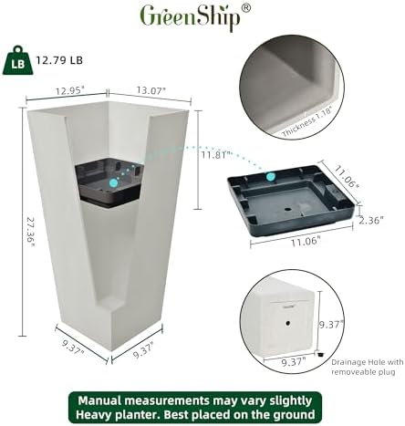 GreenShip 27 Inch Tall Planters Set of 2, White Outdoor Planters - Image 4