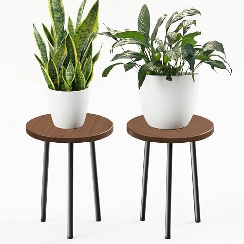 Plant Stand Indoor 14'': Indoor Plant Stand 2 Pack Metal Plant Table - Wood Plant Stool Outdoor Small Round Side End Table Mid Century Modern Decor - Home Decor by SAKSUNFORYOU