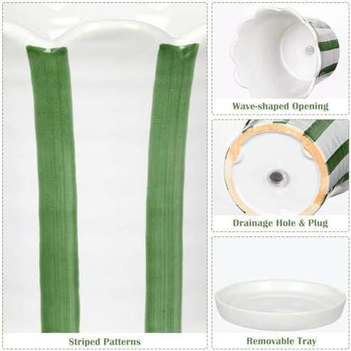Set of 2 Flower Planter, 5.8 inch Ceramic Plant Pots with Drainage Hole and Sauser, Stripe Ceramic Planters with Wavy Opening for Indoor Outdoor Home Gardening Desktop Windowsill - Image 4