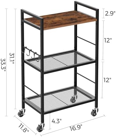 3-Tier Metal Storage Rack with Industrial Wheels,Mesh Shelving Unit with Wooden Table top,Adjustable Shelf,16.9-Inch Width,for Kitchen,Laundry,Pantry,Plant,Black - Image 7
