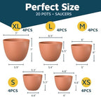 Terracotta Plant Pots with Drainage Holes & Saucers 20 Pack, Indoor & Outdoor Stackable Space-Saving Planters for Houseplants & Flowers, (7", 6.7", 6", 5.3", and 4.8" Inches), Durable & Weatherproof - Image 2