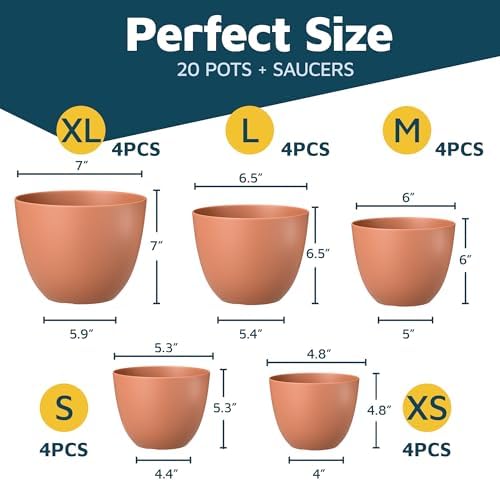Terracotta Plant Pots with Drainage Holes & Saucers 20 Pack, Indoor & Outdoor Stackable Space-Saving Planters for Houseplants & Flowers, (7", 6.7", 6", 5.3", and 4.8" Inches), Durable & Weatherproof - Image 2