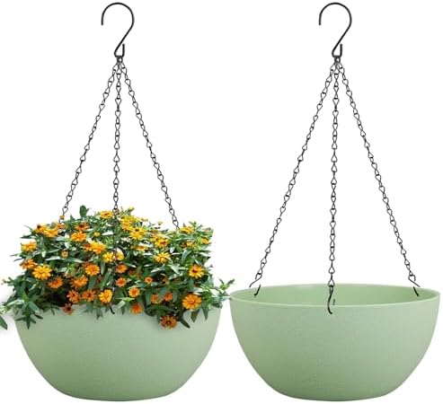 WSMKSZ 13 inch Large Hanging Planters Plant Pots for Outdoor Indoor Plants with Drainage Holes and Chain, 2 Pack Round Hanging Flower Pots for Garden Home Porch Decor, Green by WSMKSZ