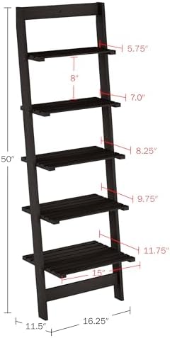 5-Tier Ladder Shelf - 50-Inch Narrow Leaning Bookshelf - Wooden Bookcase for Living Room, Bathroom, Kitchen, Office, or Bedroom Furniture by Lavish Home (Black) - Image 3