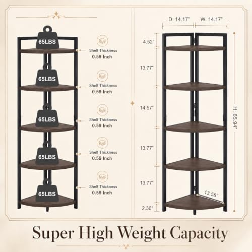 FATORRI Rustic Tall Corner Shelf, 5 Tier Industrial Corner Bookshelf for Living Room, Dark Wood and Metal Corner Plant Stand for Home Office (Walnut Brown) - Image 2
