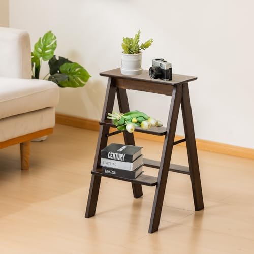 Latifolia Foldable 3 Step Ladder, Bamboo Step Stool with Floor Saver, Decorative Ladder Shelf for Living Room, Kitchen, Garden(Dark Walnut) by Latifolia
