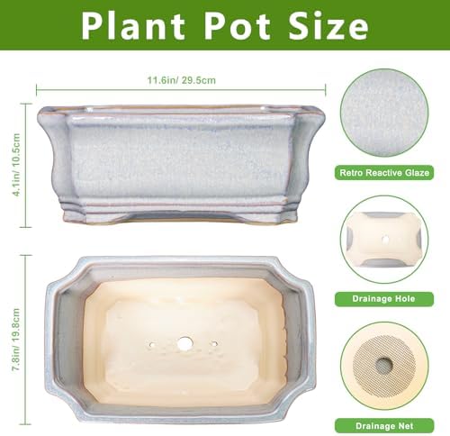 Ceramic Bonsai Planter - 11.6 Inch Bonsai Tree Pots for Succulent Plants, Succulent Planters with Drainage Hole, Shallow Decorative Planter, House Decor, House Warming Gifts, Rectangular Grey - Image 2