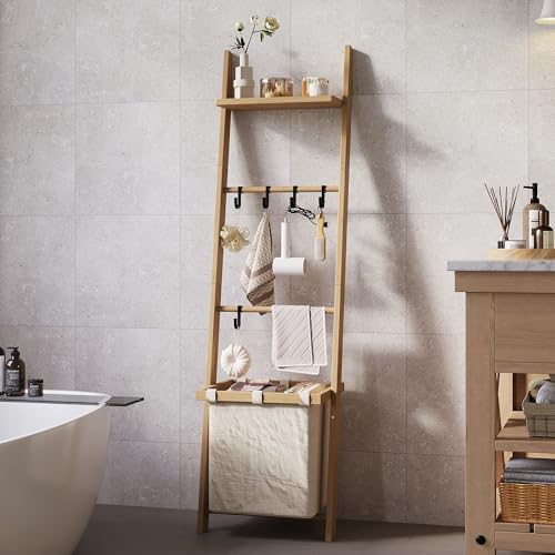 63" Bamboo Blanket Ladder with Shelf, Fabric Storage Basket and 5 Hooks - Image 6