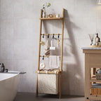 63" Bamboo Blanket Ladder with Shelf, Fabric Storage Basket and 5 Hooks - Image 6