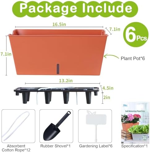 Window Box Planter 6 Pcs, 16.5 Inches Self Watering Rectangle Flower Plant Pots with Drainage Holes Trays, Vegetable Planters for Windowsill Patio Garden Balcony Porch Yard (Orange) - Image 5