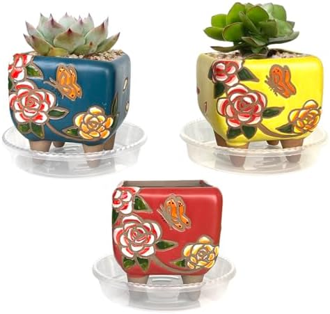3.63 Inch Hand Painted Succulent Planter with Drainage and Saucers Ceramic Cactus Planter Pot Clay Pot Floral Design Indoor Outdoor Set of 3 (Green Yellow Red) by SUMMERIMPRESSIONS