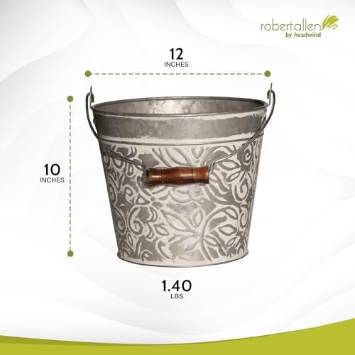 Headwind Vintage Collection - Floral Galvanized White Wash Planter with Handles – Metal Flower Pot & Decorative Bucket Planter, Rustic Metal Outdoor Planter with Drainage Hole for Indoor Plants & Outd - Image 2