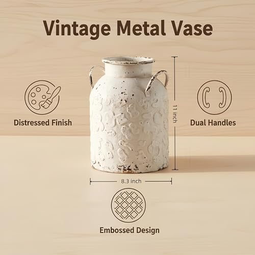 Vintage Distressed White Milk Can Planter, 11 Inch Rustic Iron Decorative Flower Pot, Classic Shabby Chic Plant Pot for Indoor Outdoor Table Mantel Entryway Home Decor (11" H x 8.3" W) (A2571) - Image 2