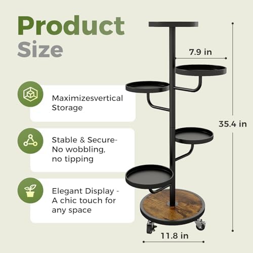 Bamworld Metal Plant Stands with Wheels Tall Plant Stand Indoor Black - Image 2
