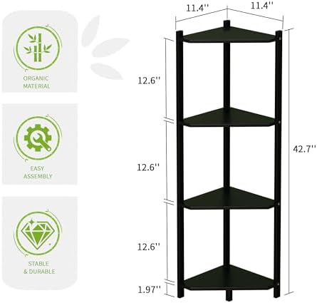 Wisuce Bamboo Small Corner Shelf Stand, 4-Tier Black Corner Bookshelf - Image 2