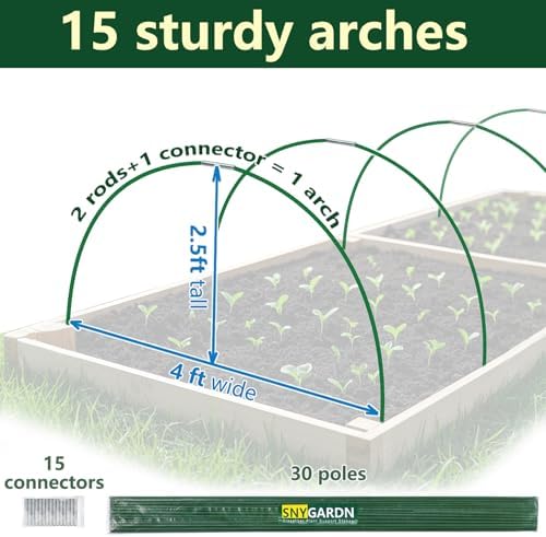 Garden Greenhouse Hoops Kit 15 Sets -2-Section Design, 8ft Grow Tunnels Poles Plant Raised Beds, 30 Pcs 4ft Solid Fiberglass Support Stakes 15 Metal Connectors -Quick Assembly No Loose Parts (Green) - Image 2