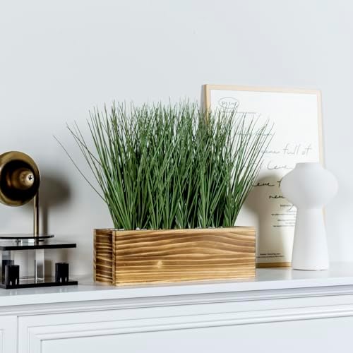 MyGift 12 Inch Artificial Grass Plant, Rustic Burnt Wood Planter Box - Image 3