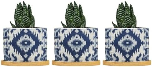 Blue Grey Ikat Planters Ceramic Solid Navy White Round Flower Pot with Drainage Holes and Bamboo Tray Pot for Indoor Outdoor Garden by BRUYU5SE