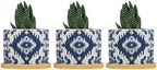 Blue Grey Ikat Planters Ceramic Solid Navy White Round Flower Pot with Drainage Holes and Bamboo Tray Pot for Indoor Outdoor Garden by BRUYU5SE