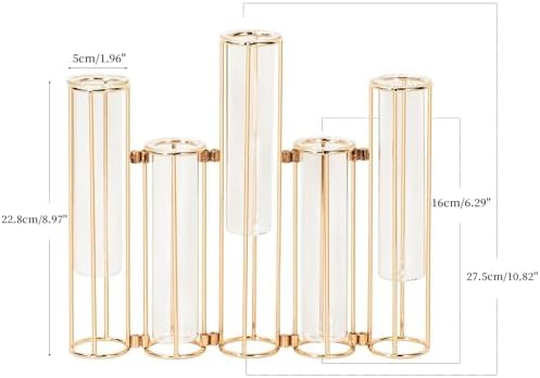 Gold Vases for Centerpieces, Test Tube Flower Vase with 5 Test Tubes, Gold Flower Vase with Metal Stand Racks Hydroponic, Glass Hinged Propagation Plant Vase for Wedding Table Home Decor - Image 6