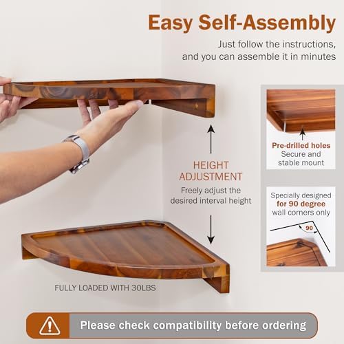 Demigo Round Floating Corner Shelves, Natural Acacia Wall Shelf, Set of 2 - Image 5