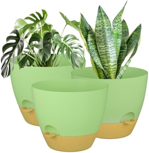 ZMTECH 3Pcs 12Inch Plant Pot Planter for Indoor Plants Self Watering Large Flower Pot with Drainage Holes and Saucer for Outdoor Plants(Green with Brown) by HighQualityGardeningTools