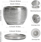SQOWL Ceramic Pot for Plants - 8 Inch Planter with Drainage Hole and Saucer, Round Planter Indoor Outdoor, Modern Decorative Flower Pot, House Decor, Gifts for Plant Lovers, Silver - Image 3