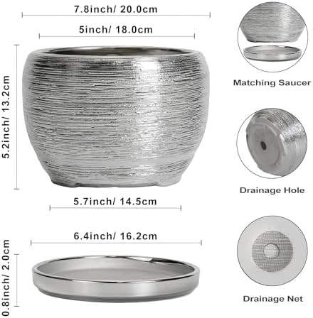 SQOWL Ceramic Pot for Plants - 8 Inch Planter with Drainage Hole and Saucer, Round Planter Indoor Outdoor, Modern Decorative Flower Pot, House Decor, Gifts for Plant Lovers, Silver - Image 3