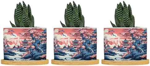 Pink Blue Chinoiserie Planters Ceramic Coral Chinoiserie Chic Asian Round Flower Pots with Drainage Holes and Bamboo Tray Pot for Home Office Decoration by BRUYU5SE