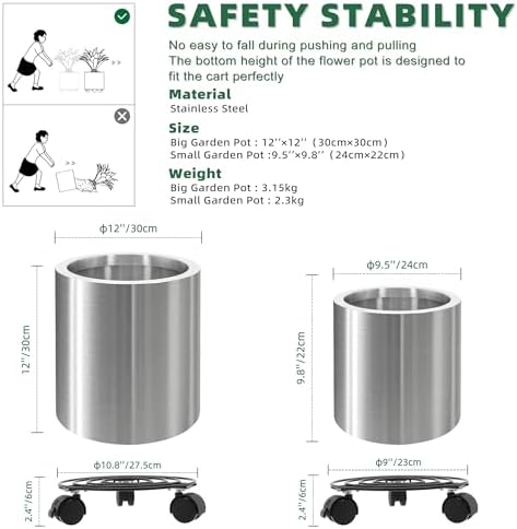 Longrun Stainless Steel Round Flower Pot - 9.8 & 11.8 inch Modern Garden Planter for Indoor & Outdoor Decor Two Packs - Image 2