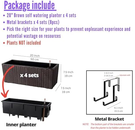 LaLaGreen Deck Railing Planter Box (20 Inch, 4 Pack) Brown Rectangular Window Flower Boxes with Bracket, Self Watering System Hanging Planter Box for Outdoor Plant Container Herb Rail Fence Balcony - Image 2