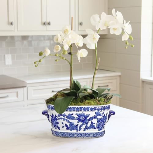 Blue and White Ceramic Planter Pot – Vintage Floral Oval Cachepot Vase for Indoor Plants, Flowers & Succulents – Glazed Chinese Porcelain Style Decorative Bowl – 7.4" Size – No Drainage - Image 6