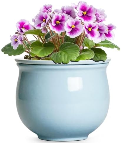 Ceramic African Violet Pots for Indoor Plants, 6 Inch Self Watering Planters with Absorbent Inner Pot, Self Watering Plant Pot, Ceramic Flower Pots, Desk Decor, Housewarming Gifts, Light Blue by Teagas