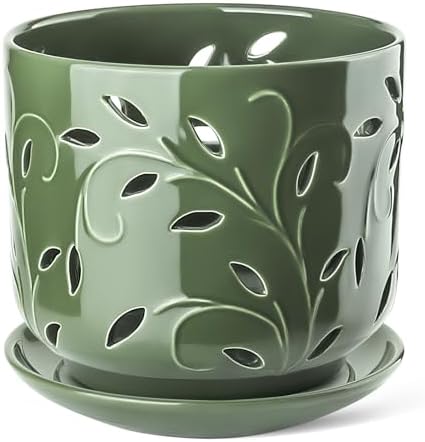 EFISPSS Orchid Pots with Holes, 7 Inch Orchid Pots with Drainage Holes and Tray, Indoor or Outdoor Large Pot for Orchid Care,Durable for Repotting or New Plants - Green by EFISPSS