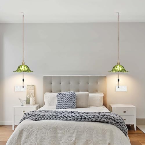 Plug in Pendant Light Fixtures,Hanging Light Fixture Corded On/Off Switch,11 inch E26 Green Glass Lampshade Pendant Lighting for Kitchen Island, Bedroom, Dining Room - Image 6