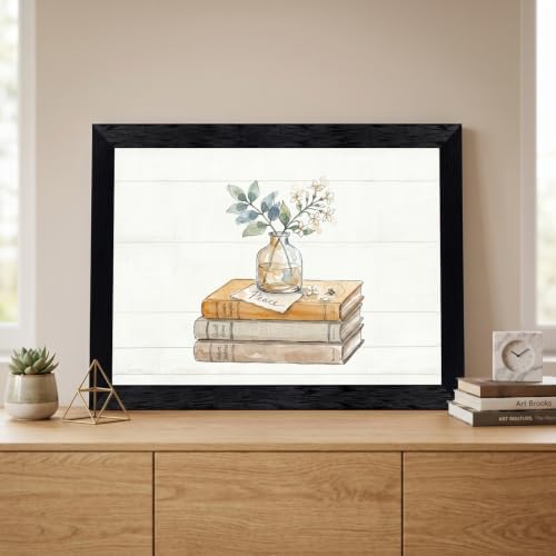 Framed Canvas Wall Art Watercolor Vintage Books and Jasmine Linen Tones with Peace Note Canvas Print Poster Black Frame Wall Decor for Office Study Cozy Library Art, Bookish Decor - Inch 12x16 - Image 6