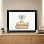 Framed Canvas Wall Art Watercolor Vintage Books and Jasmine Linen Tones with Peace Note Canvas Print Poster Black Frame Wall Decor for Office Study Cozy Library Art, Bookish Decor - Inch 12x16 - Image 6