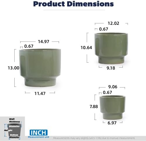 Handmade Ceramic Planter Set of 3, 5/12/9 Inch Flower Pots, Light Green - Image 2