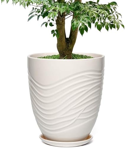 11.8 Inch Modern Ceramic Plant Pot with Saucer, Flower Pot with Drainage Hole Mesh Net,Indoor Outdoor Planter (White) by Unknown
