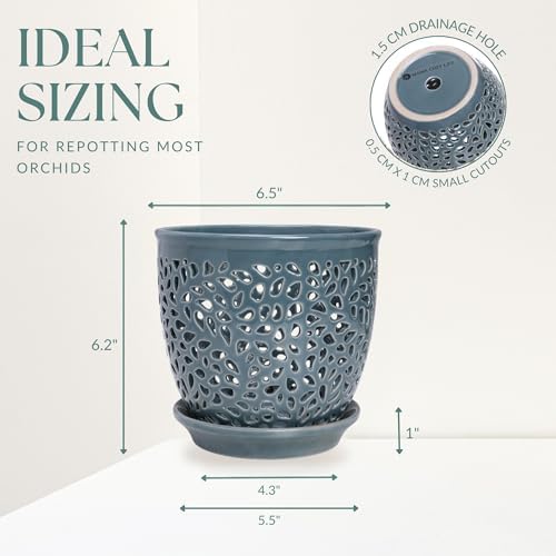 Elegant Orchid Pot with Holes, Large 6.5 inch Premium Porcelain Ceramic Orchid Pot for Repotting, Durable Ceramic Planter with Removable Saucer for Easy Drain, Planter Gifts for Moms - Image 3
