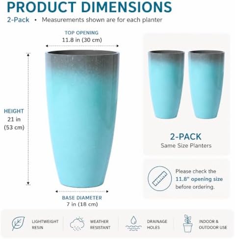 Planters for Outdoor Plants, Large Outdoor Plastic Grey to Azure Gradient Tall Flower Pots 2Pack, Patio Decor Unbreakable Resin, Lightweight Planter - Image 6