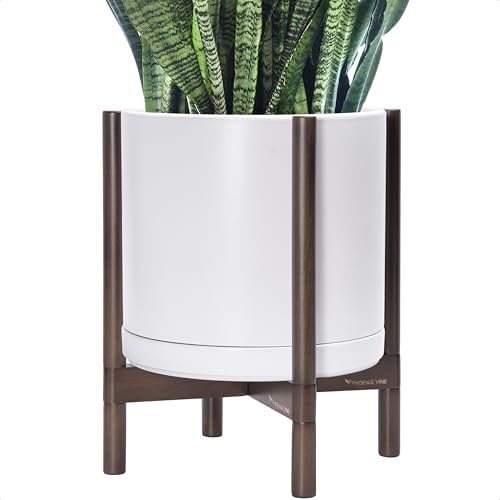D'vine Dev Ceramic Pot with Walnut Wood Stand, White, 14 in, 55-B-T-1 by DvineDevPlanterPotsandStand