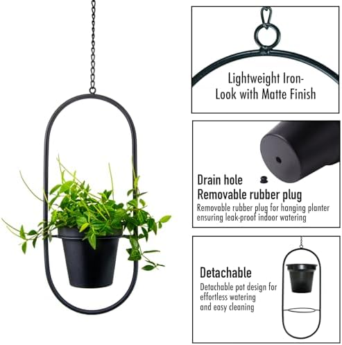 Modern Metal Hanging Planters Set of 2 - Round and Oval Geometric Plant Hangers with 5 Inch Pots - Black Wall and Ceiling Mount Flower Holders for Indoor and Covered Outdoor Décor - Image 4