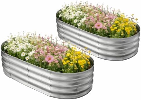 TATAANTY Galvanized Raised Garden Bed for Outdoor: 4x2x1ft Durable Metal Vegetable Plant Container Kit - Oval Planter Box for Gardening Flower Trough （2 Pack） by TATAANTY