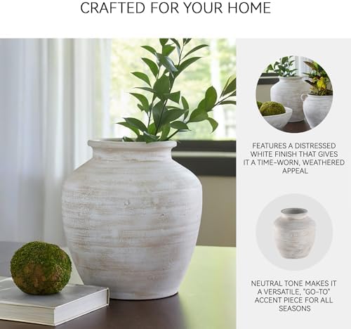 Signature Design by Ashley 12 Inch Rustic Ceramic Vase, Distressed White - Image 4
