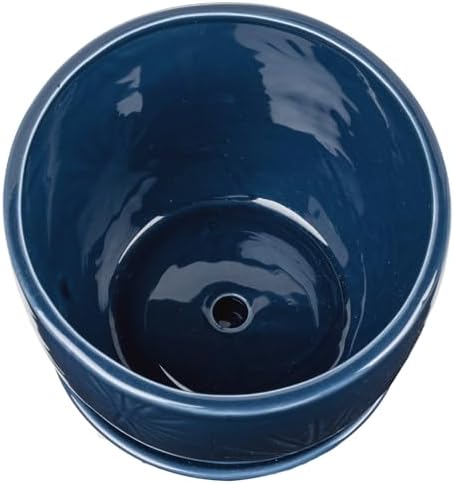 MyGift 7 Inch Round Blue Ceramic Plant Pot with Drainage Hole and Attached Saucer, Modern Decorative Embossed Sunburst Planter Container for Indoor Home Garden - Image 6